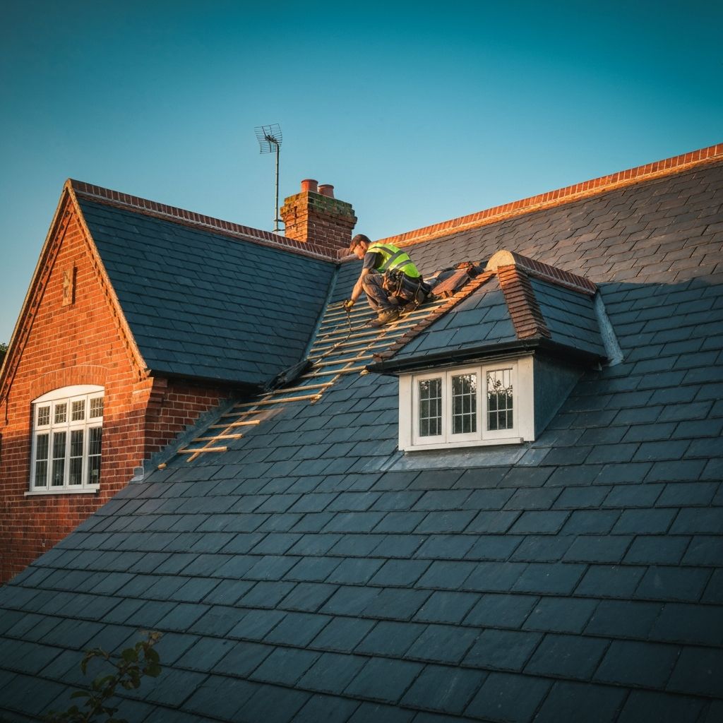 Professional roofer at work on a Surrey roof